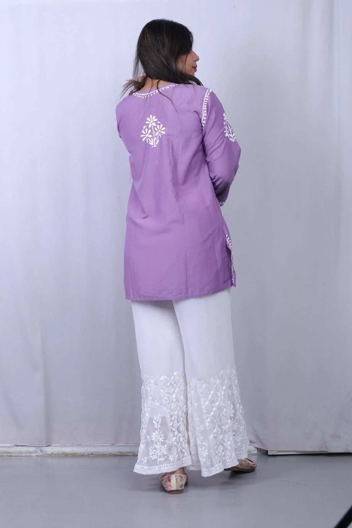 Purple Muslin Chikankari 3D Work Short Top - Awadhkari