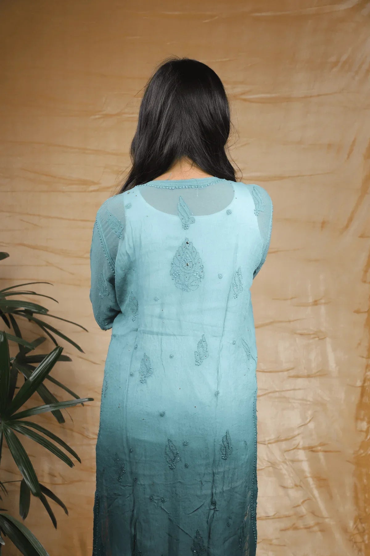 Bottle Green Ambre Viscose Full Jaal Fine Chikankari Work with Mukesh Long Kurti - Awadhkari