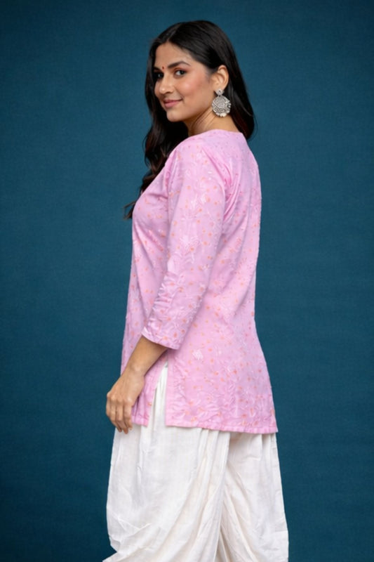 Pastel Pink Chanderi Silk Short Kurta side Awadhkari