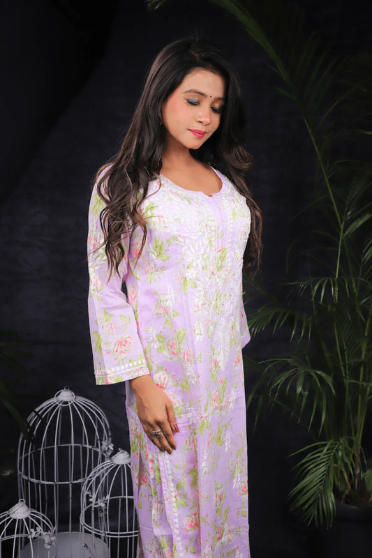 Purple Floral Print Mal Cotton Chikankari Palazzo Set - Awadhkari