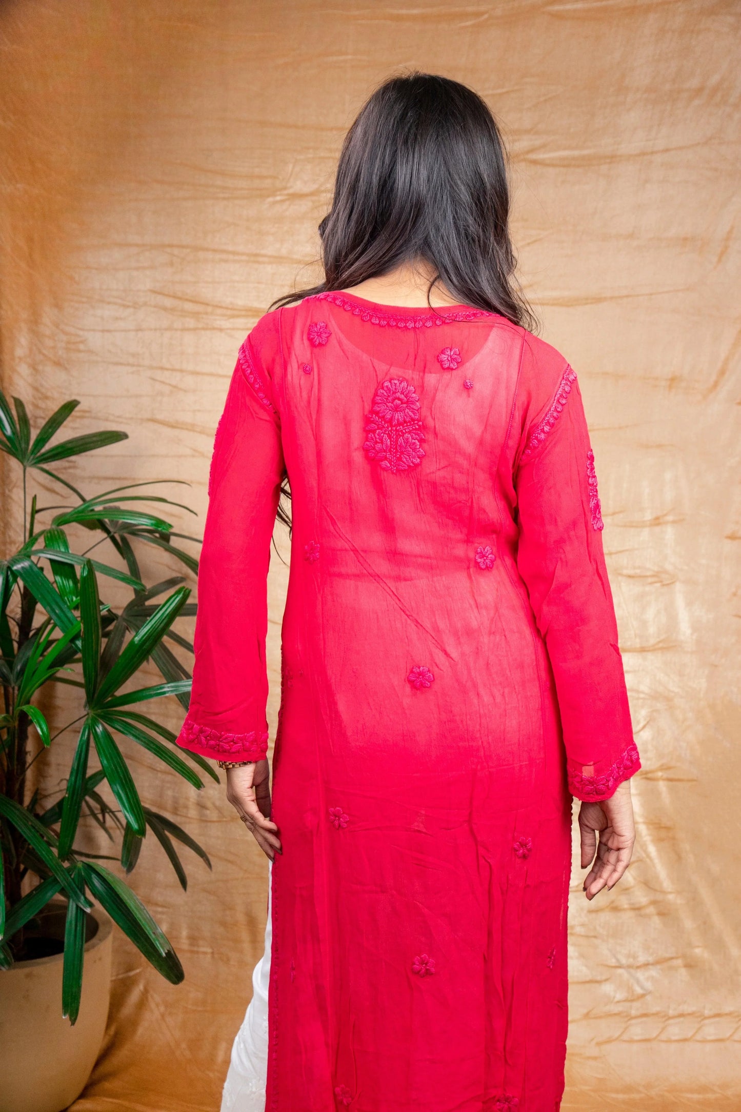 Red Pure Viscose Premium Handwork Chikankari Long Kurti - Awadhkari