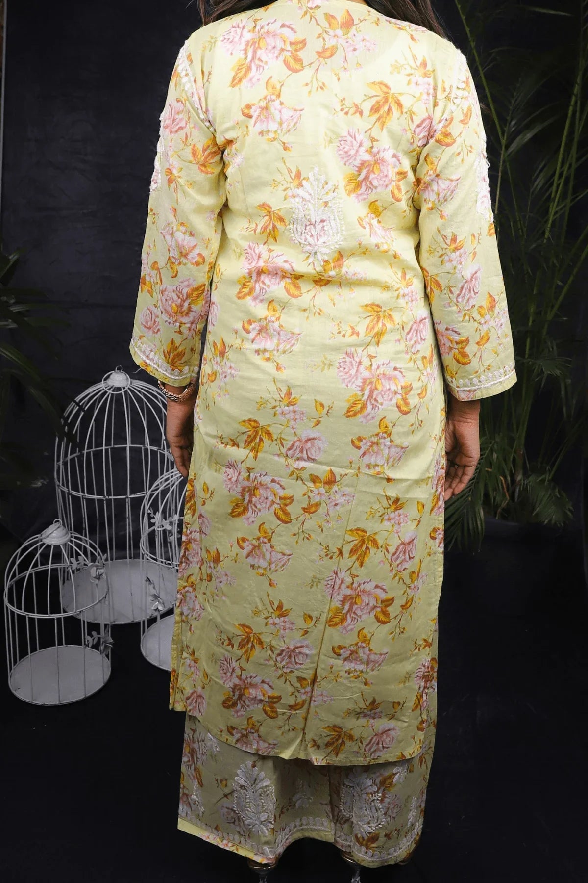 Yellow Floral Print Mal Cotton Chikankari Palazzo Set - Awadhkari
