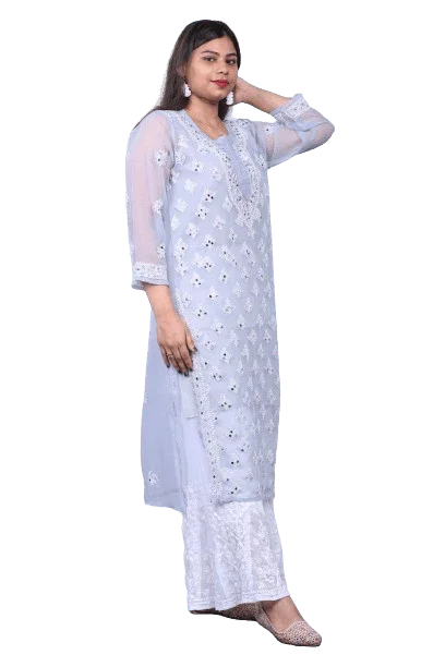 Grey Chiffon Mirror Work Long Kurti - Awadhkari