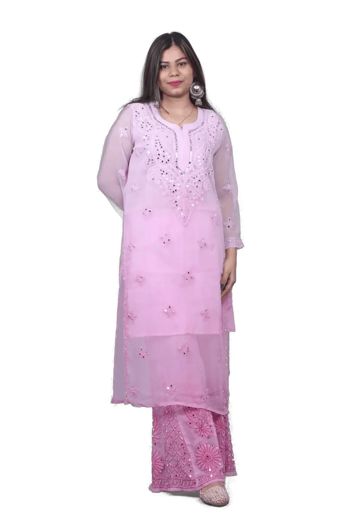 Pink Chiffon Chikankari Mirror Work Palazzo Set - Awadhkari