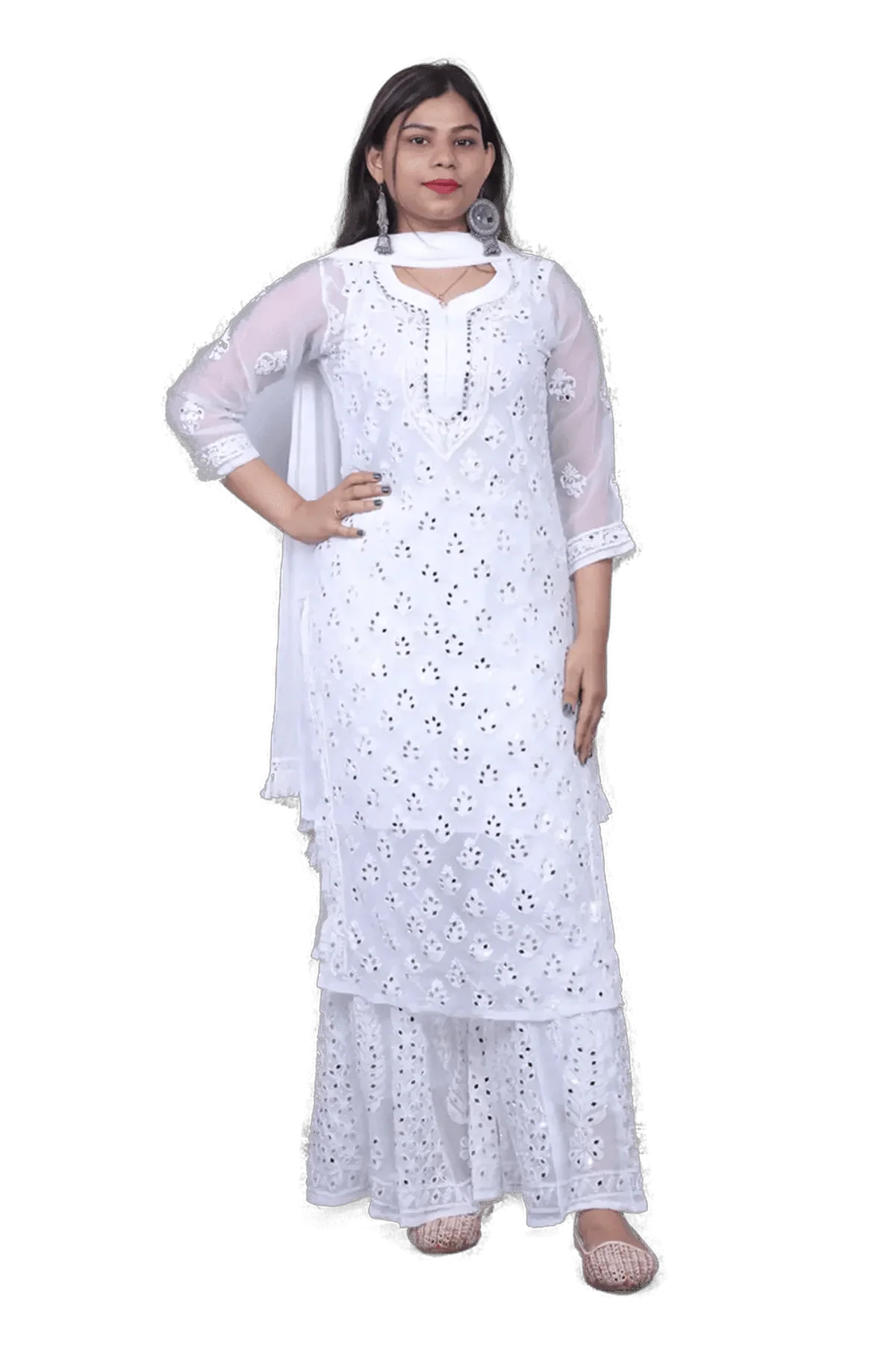 White Chiffon Chikankari Mirror Work Palazzo Set - Awadhkari