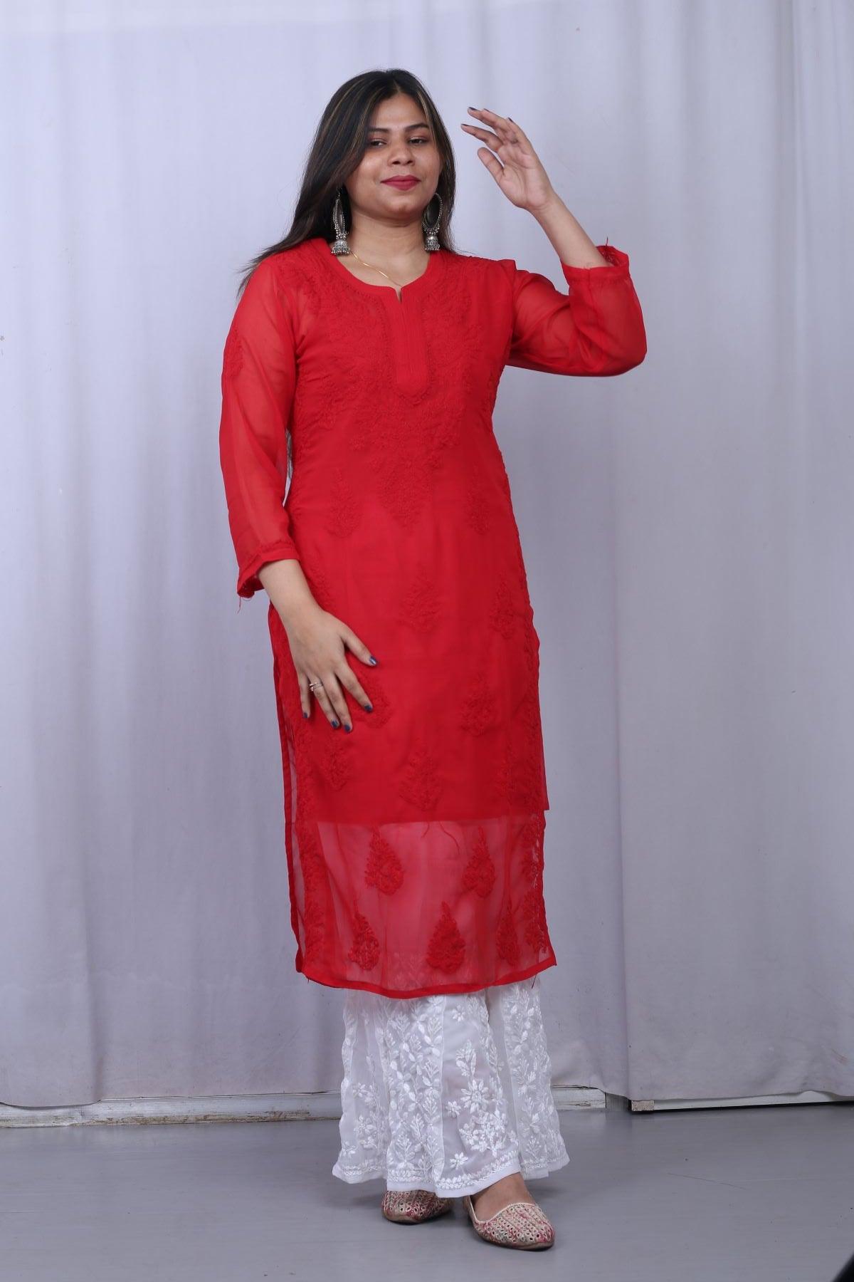 Red plain cotton long-kurtis - siyani - 3093914
