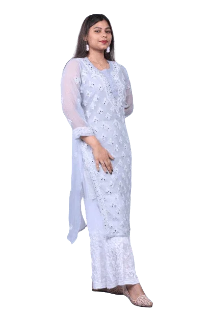 Grey Chiffon Mirror Work Long Kurti - Awadhkari