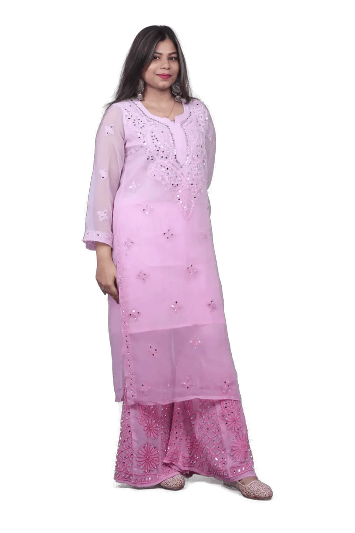 Pink Chiffon Chikankari Mirror Work Palazzo Set - Awadhkari