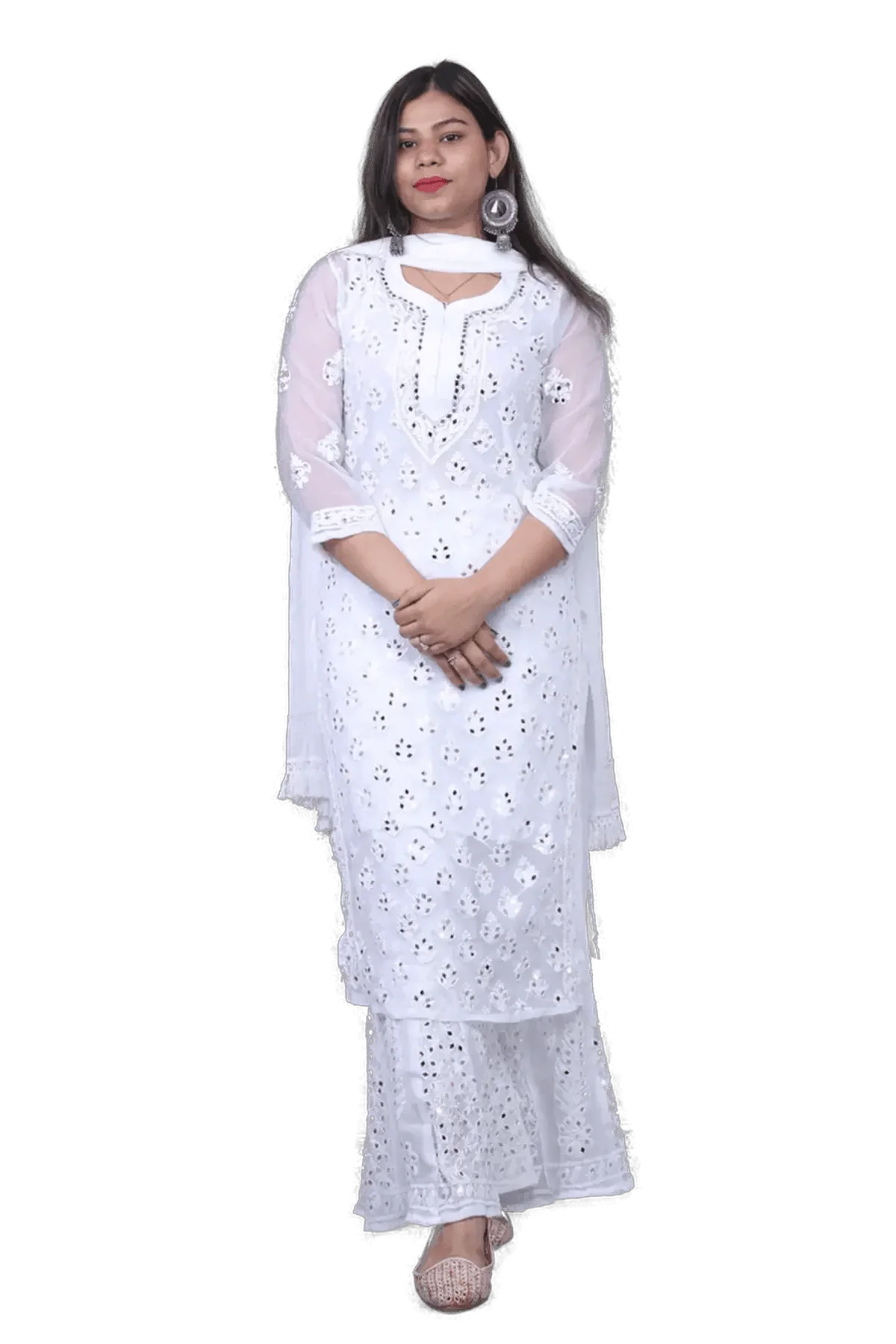 White Chiffon Chikankari Mirror Work Palazzo Set - Awadhkari