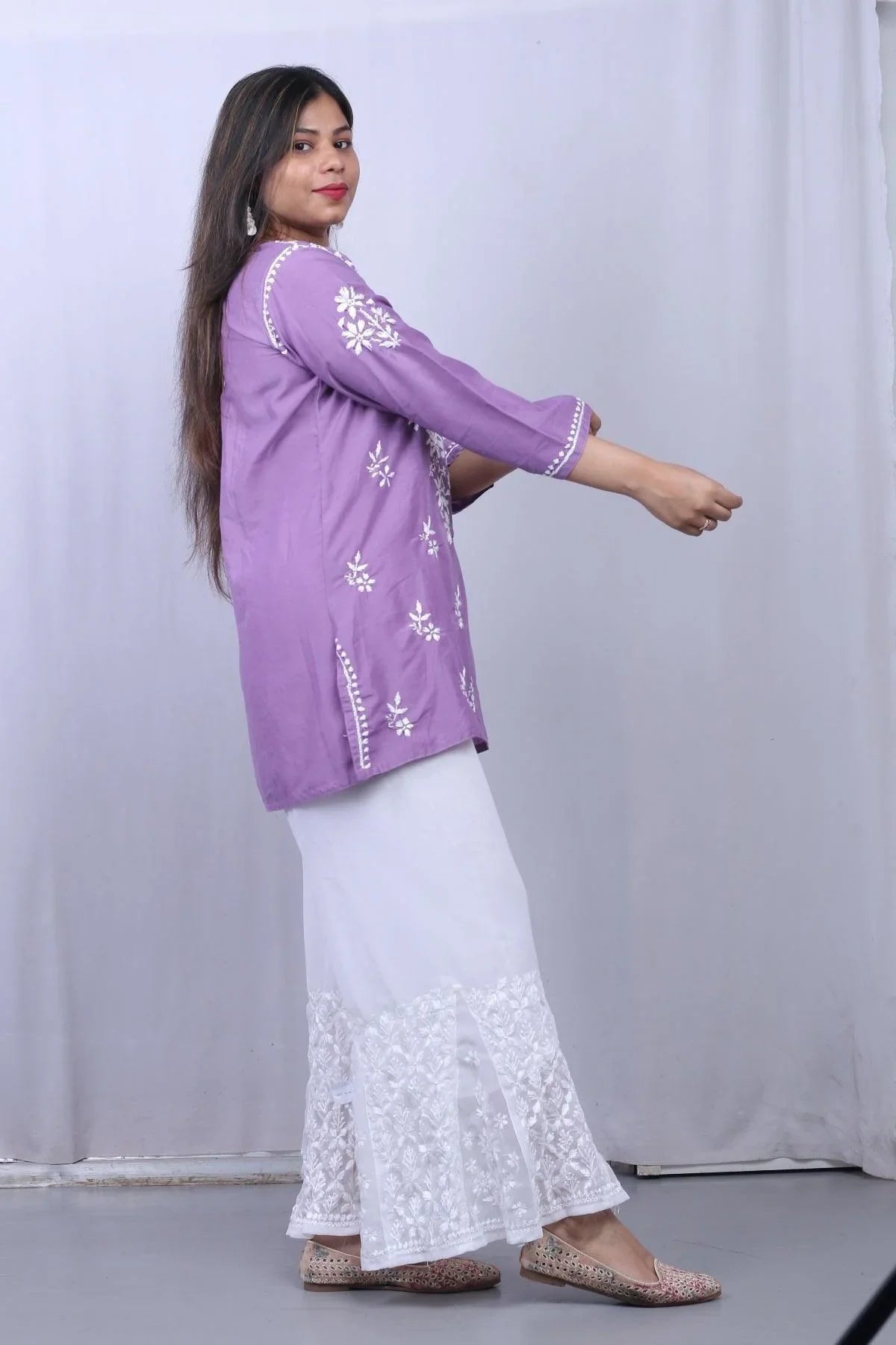 Purple Muslin Chikankari 3D Work Short Top - Awadhkari