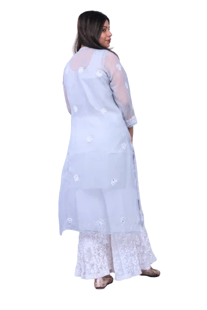Grey Chiffon Mirror Work Long Kurti - Awadhkari