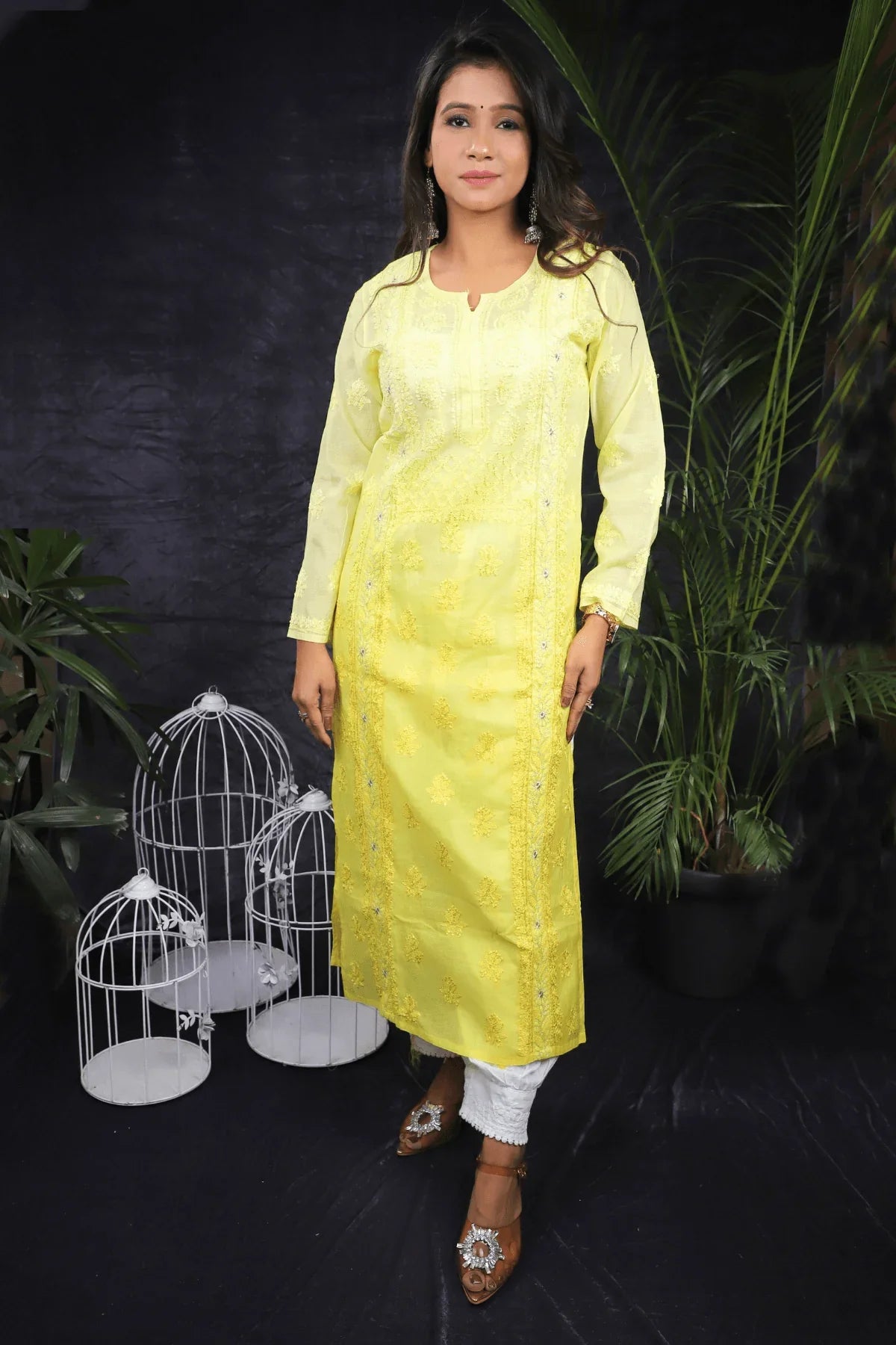 Yellow Ambre Fine Lucknowi Embroidery Pure Mal Chanderi Long Kurti - Awadhkari