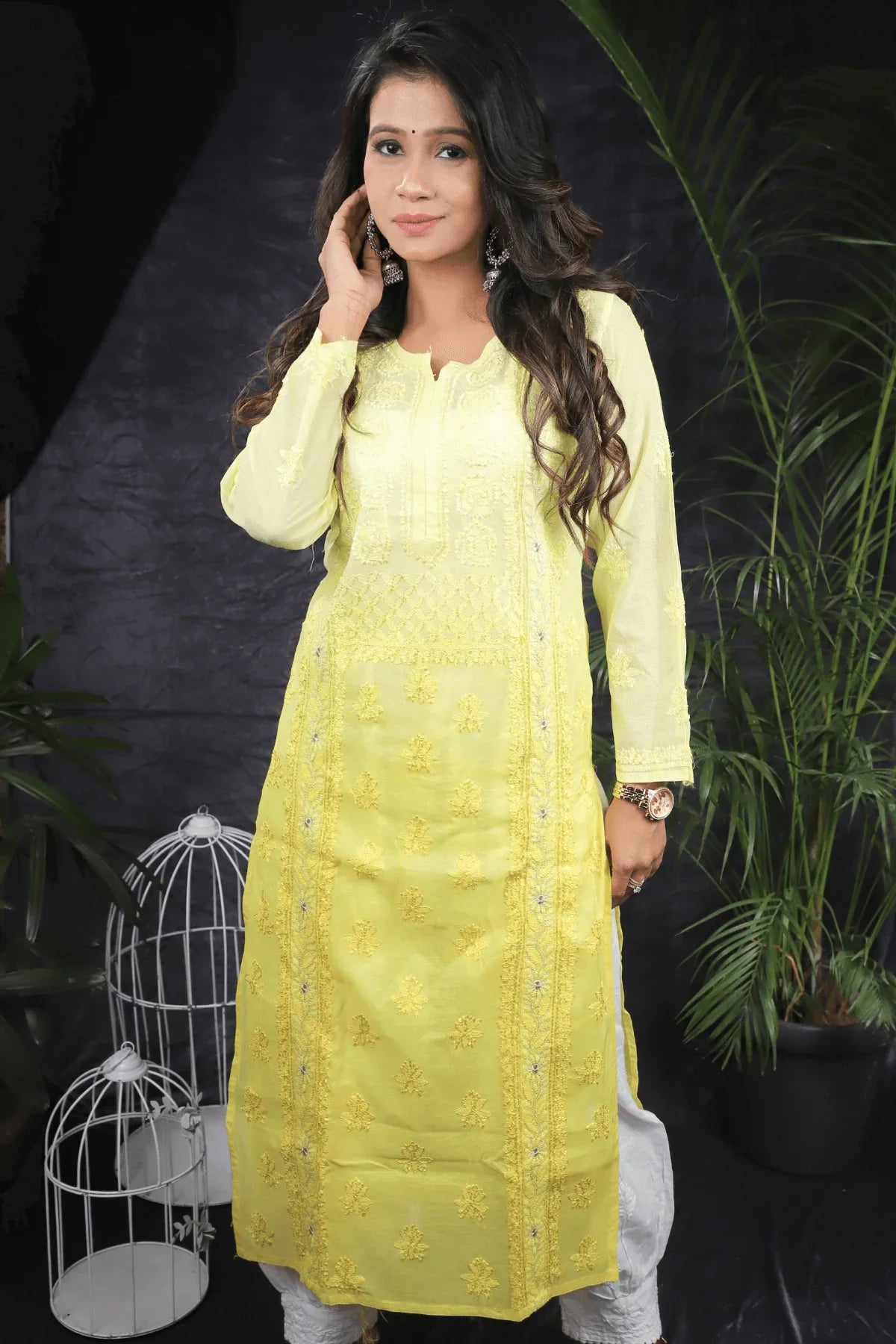 Yellow Ambre Fine Lucknowi Embroidery Pure Mal Chanderi Long Kurti - Awadhkari
