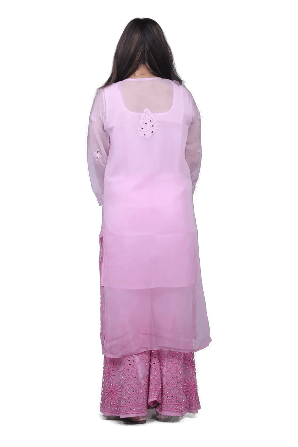 Pink Chiffon Chikankari Mirror Work Palazzo Set - Awadhkari