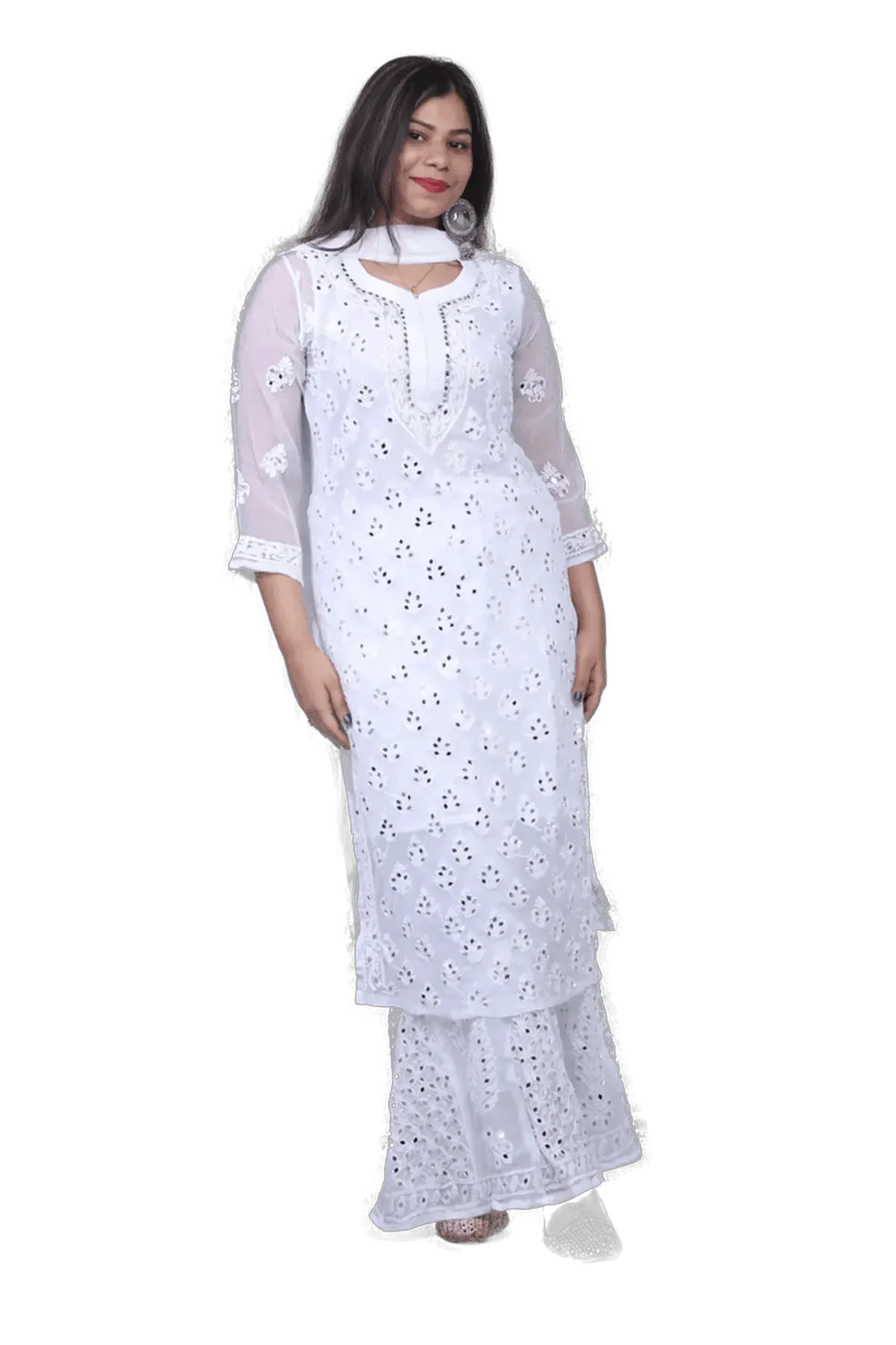 White Chiffon Chikankari Mirror Work Palazzo Set - Awadhkari