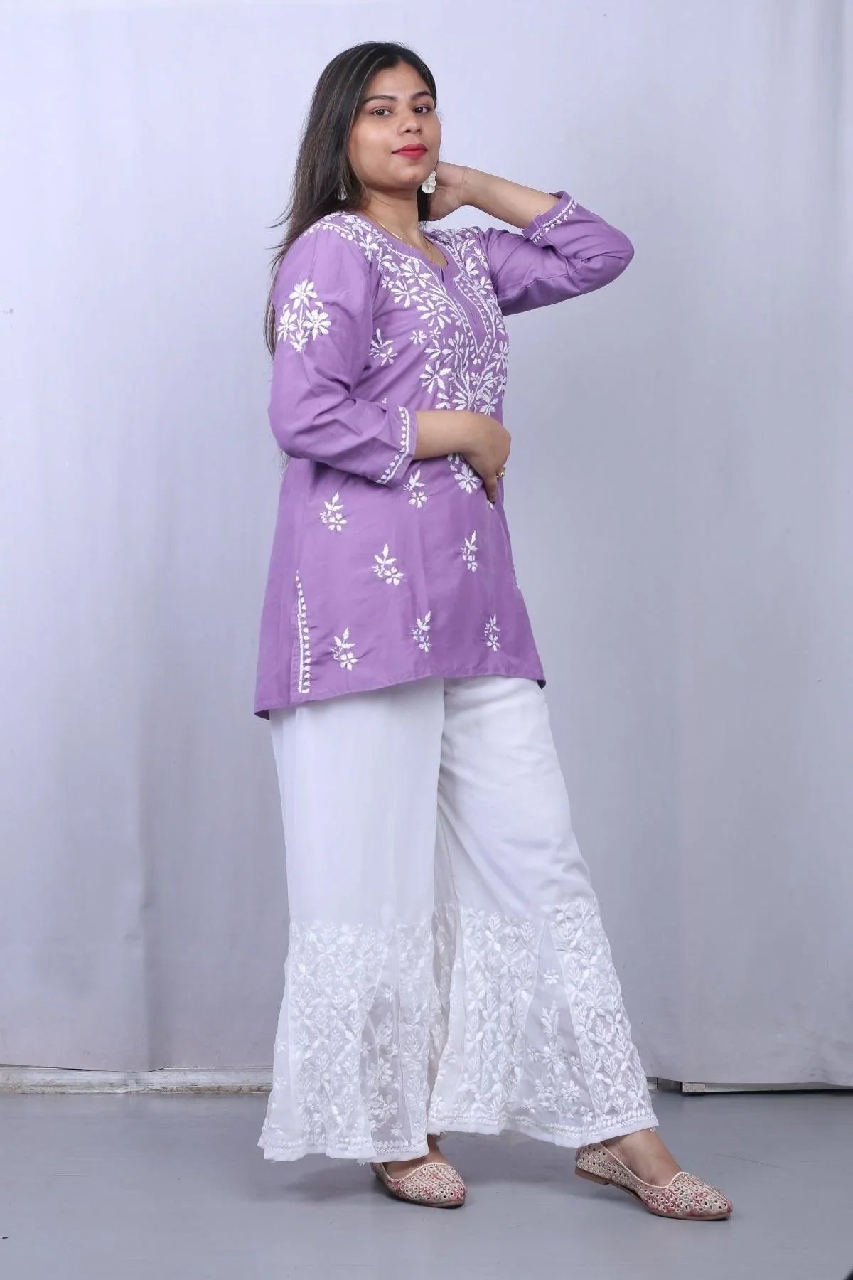 Purple Muslin Chikankari 3D Work Short Top - Awadhkari