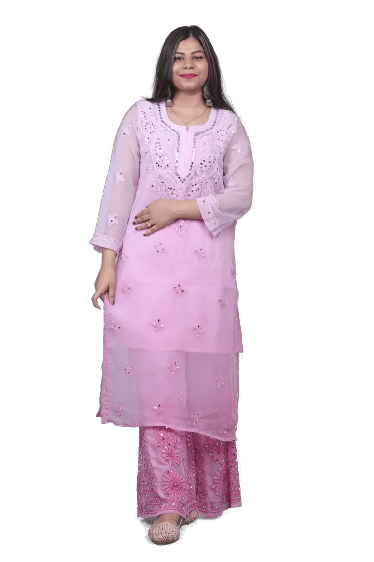 Pink Chiffon Chikankari Mirror Work Palazzo Set - Awadhkari