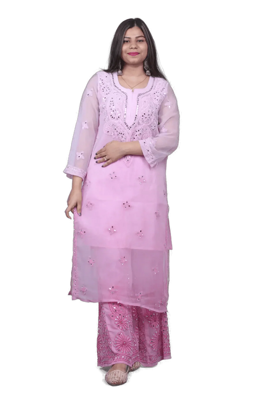 Pink Chiffon Chikankari Mirror Work Palazzo Set - Awadhkari