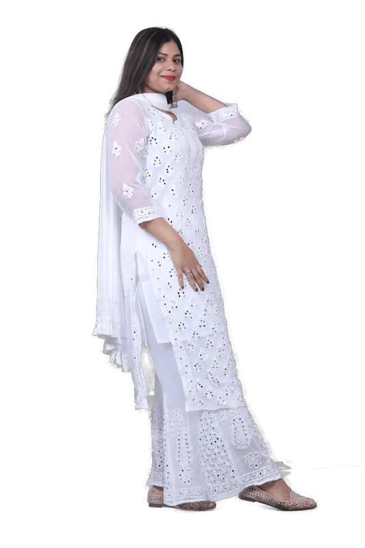 White Chiffon Chikankari Mirror Work Palazzo Set - Awadhkari