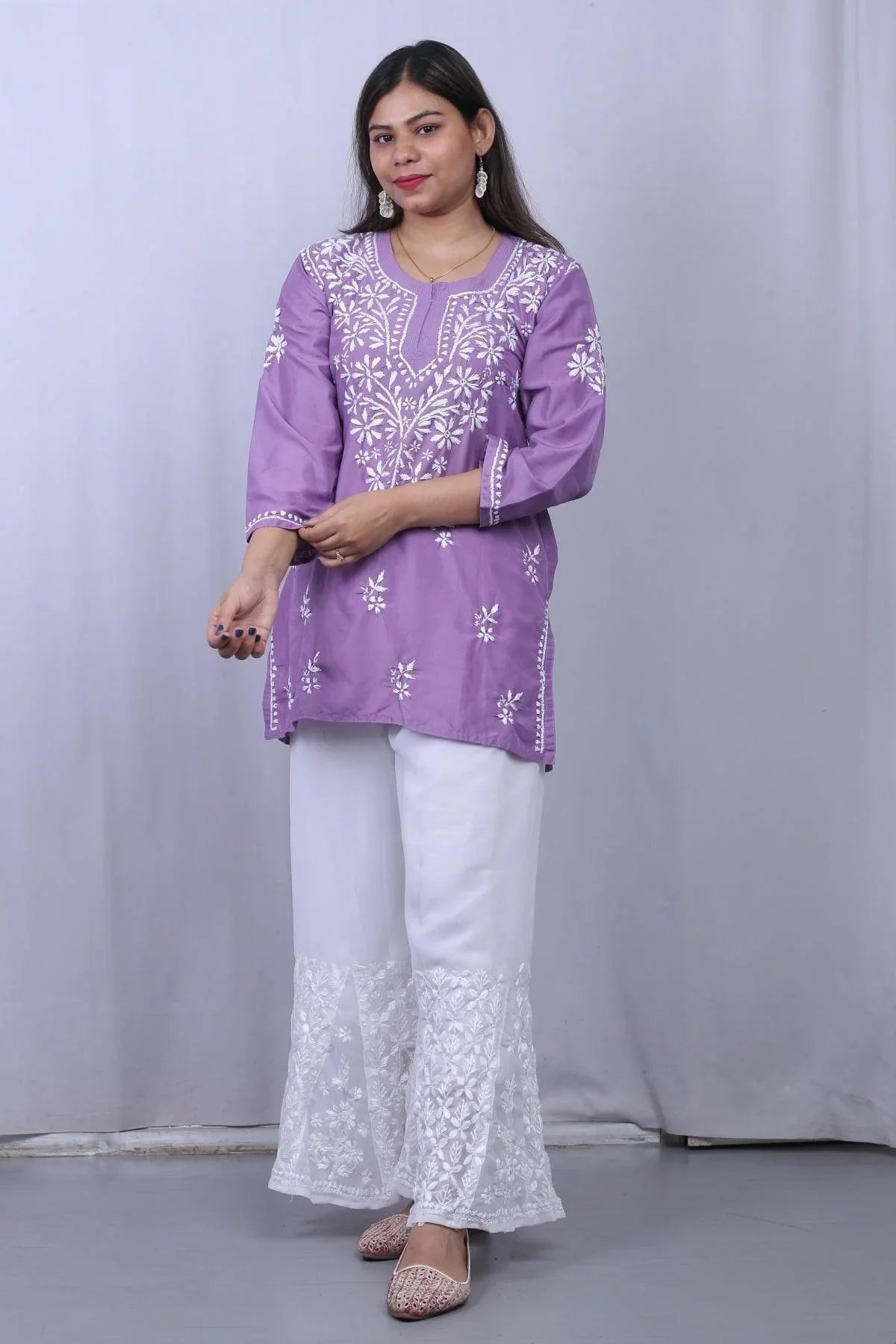 Purple Muslin Chikankari 3D Work Short Top - Awadhkari