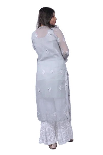 Grey Chiffon Mirror Work Chikankari Long Kurti - Awadhkari
