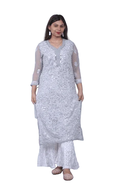 Grey Chiffon Mirror Work Chikankari Long Kurti - Awadhkari