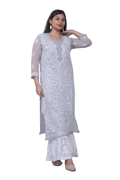 Grey Chiffon Mirror Work Chikankari Long Kurti - Awadhkari