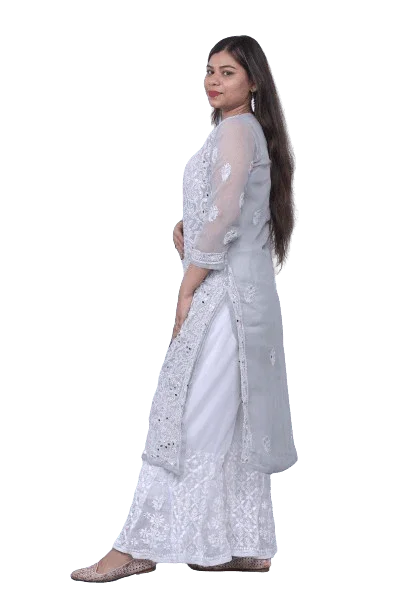 Grey Chiffon Mirror Work Chikankari Long Kurti - Awadhkari