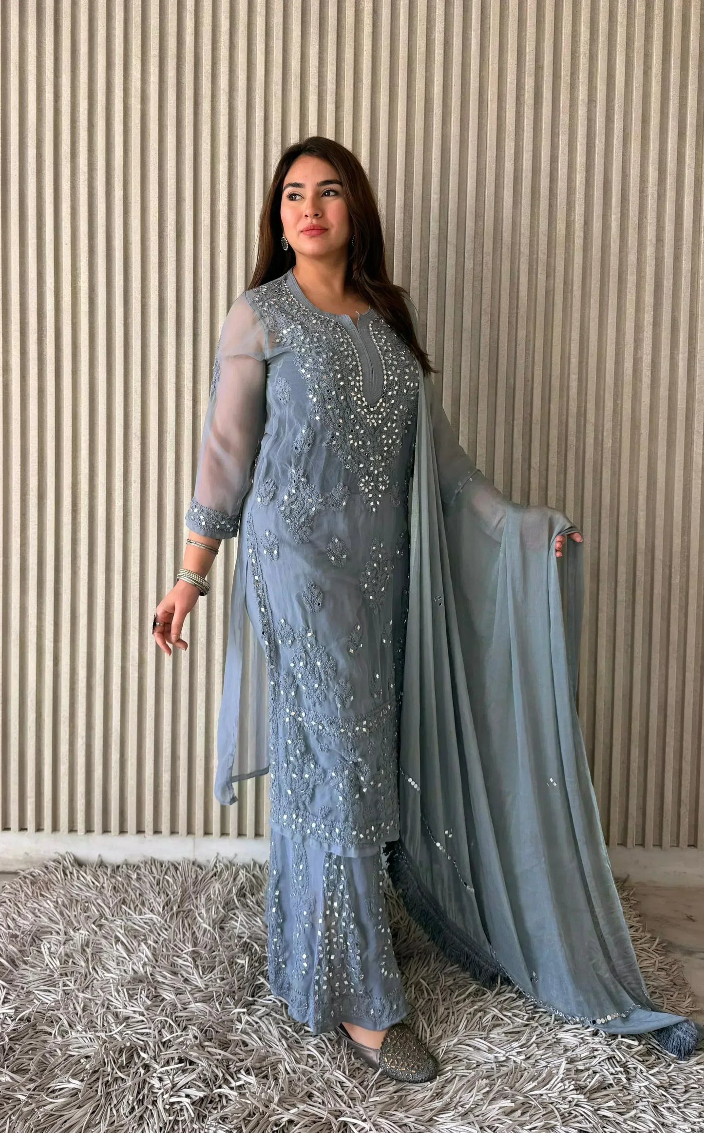 Awadhkari Exclusive Georgette Border Work Kurti Sharara Set with Chiffon Dupatta - Grey - Awadhkari