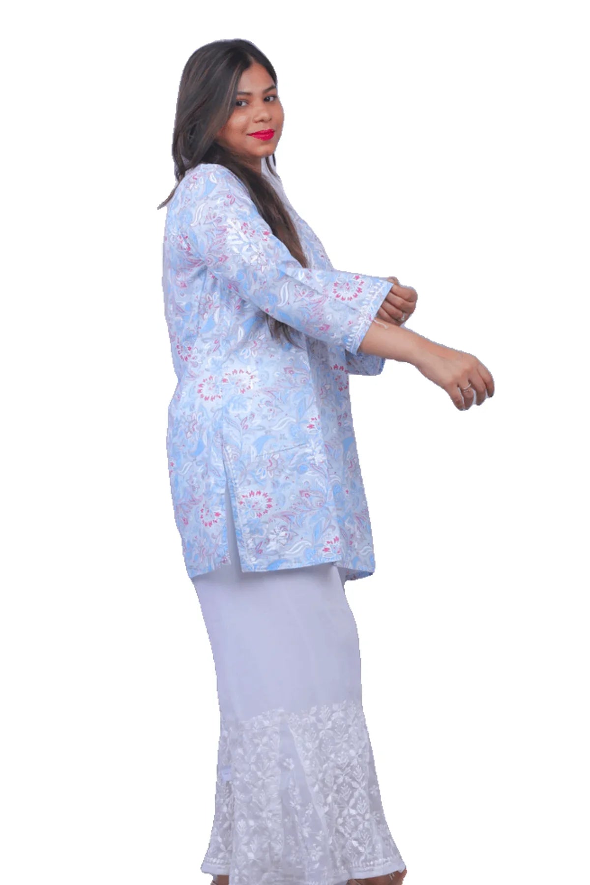Blue Printed Chikankari Mal Mal Cotton Short Top - Awadhkari
