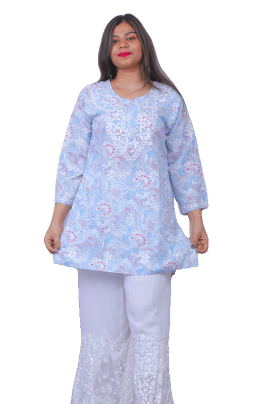 Blue Printed Chikankari Mal Mal Cotton Short Top - Awadhkari