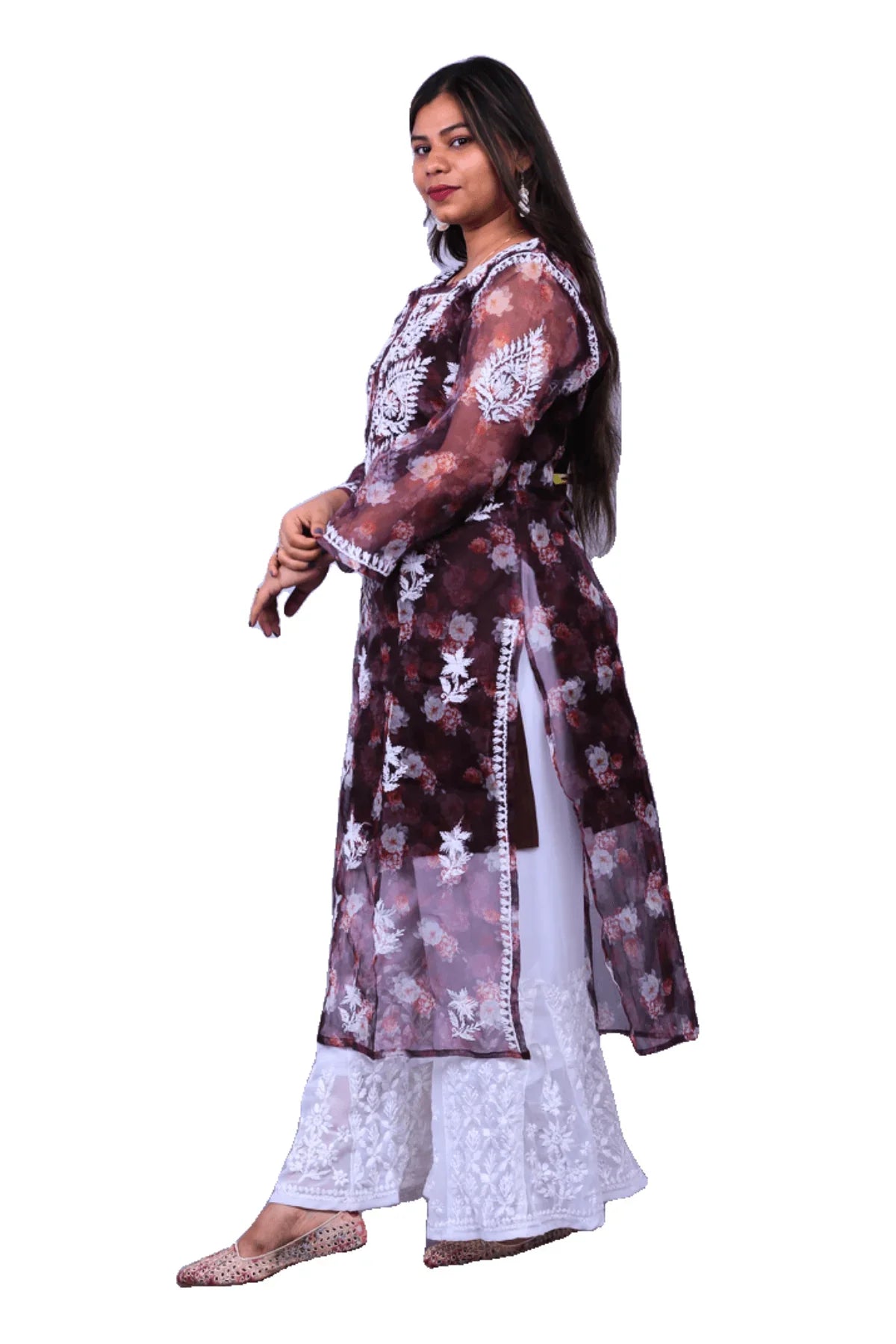 Chikankari Printed Organza Long Kurti - Awadhkari