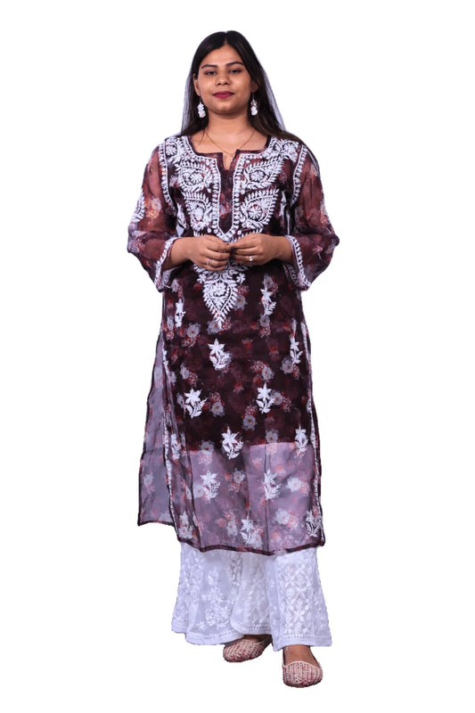 Chikankari Printed Organza Long Kurti - Awadhkari