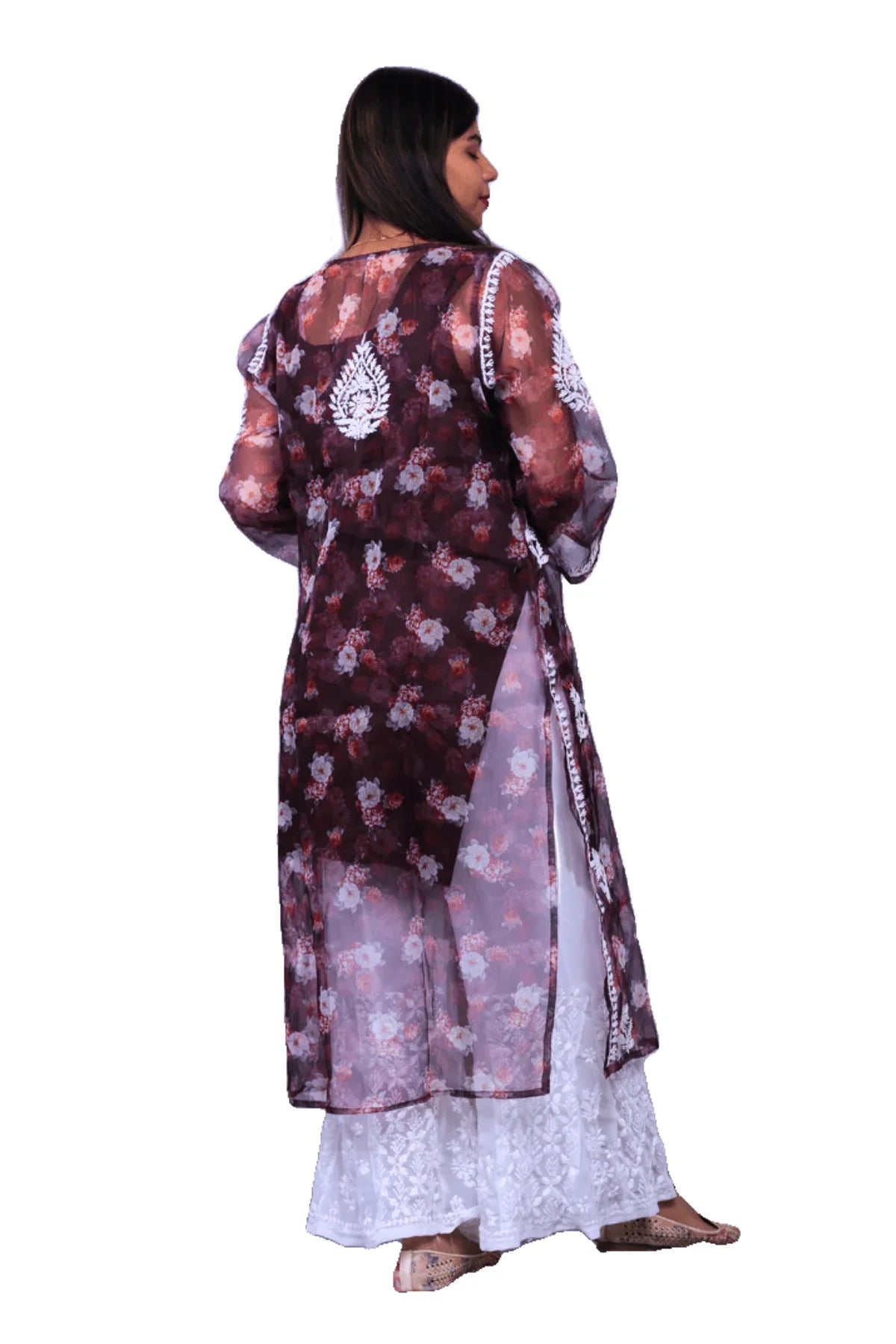 Chikankari Printed Organza Long Kurti - Awadhkari