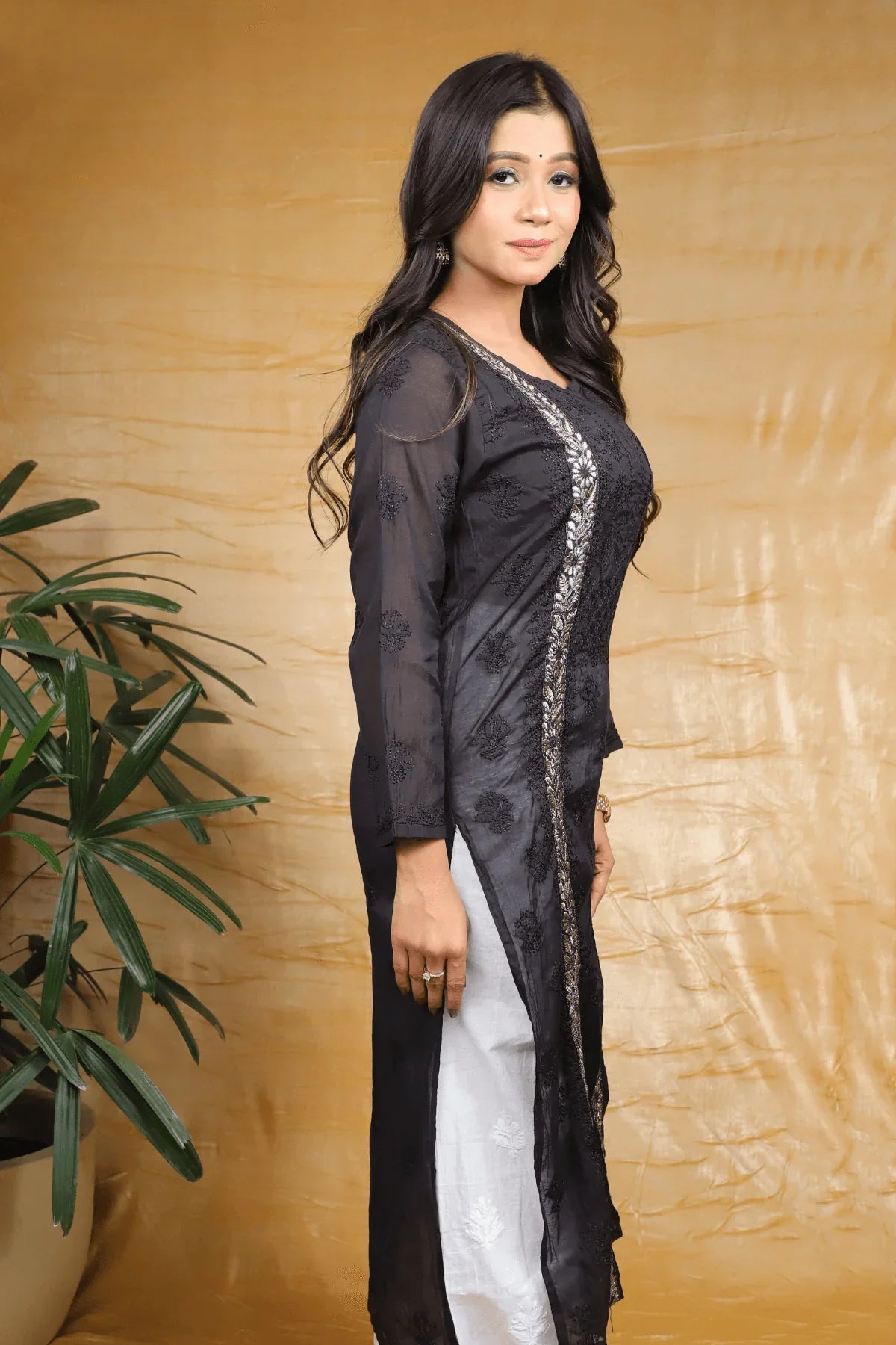 Black Fine Lucknowi Embroidery Pure Mal Chanderi Long Kurti - Awadhkari