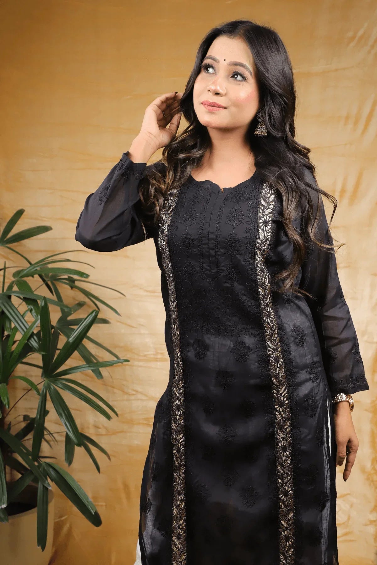 Black Fine Lucknowi Embroidery Pure Mal Chanderi Long Kurti - Awadhkari