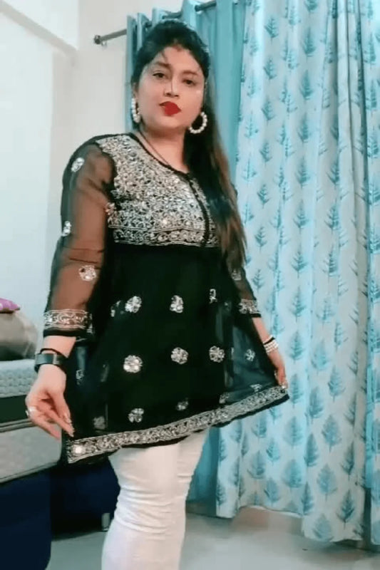 Black Georgette Mirror Work Short Frock Style Kurti - Awadhkari