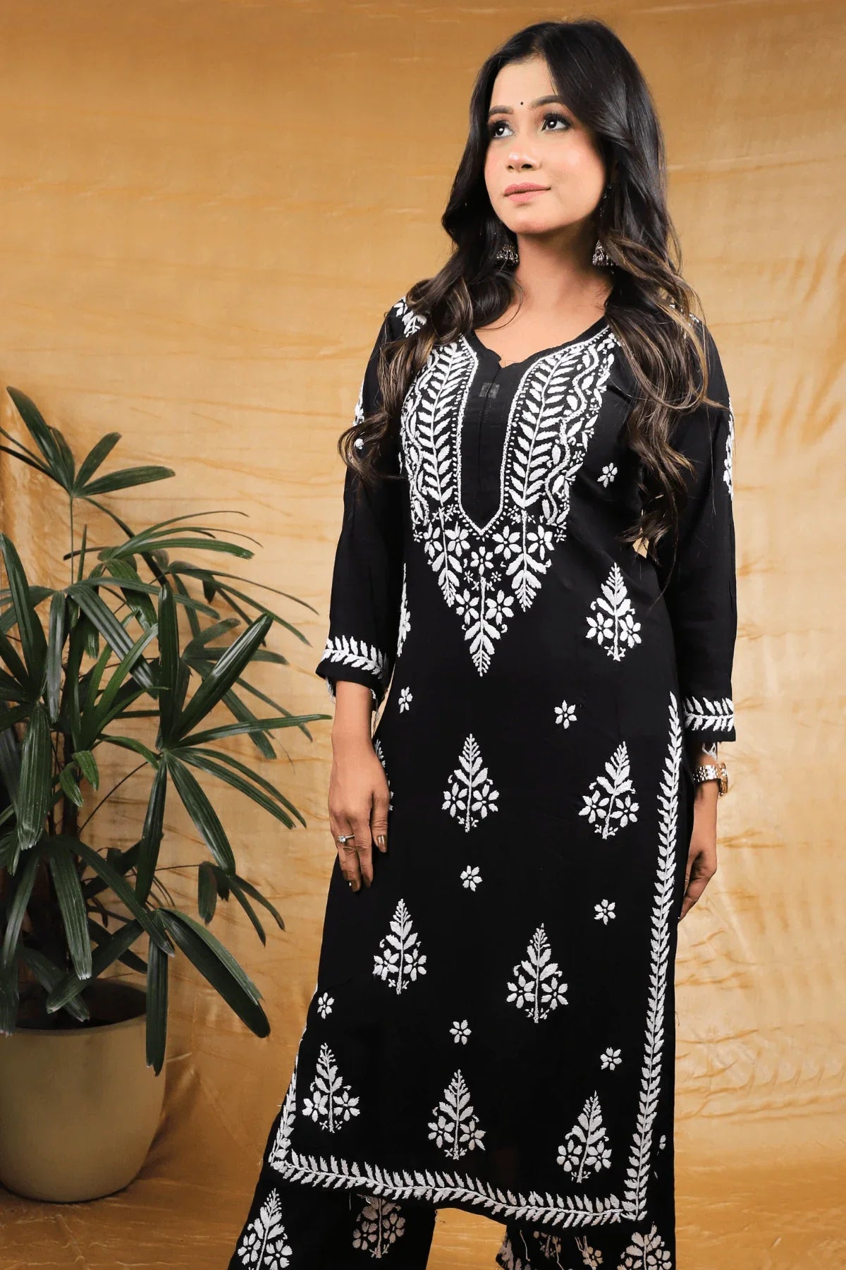 Black Chikankari Modal Cotton Long Kurti Palazzo Set - Awadhkari