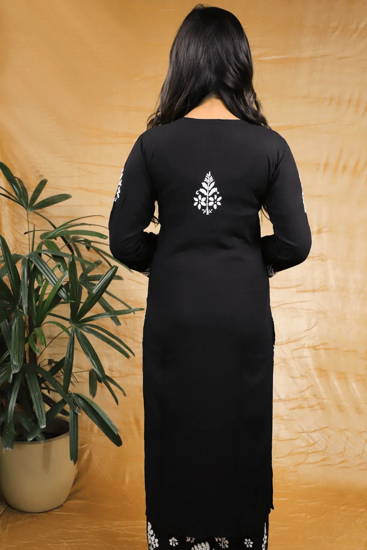 Black Chikankari Modal Cotton Long Kurti Palazzo Set - Awadhkari