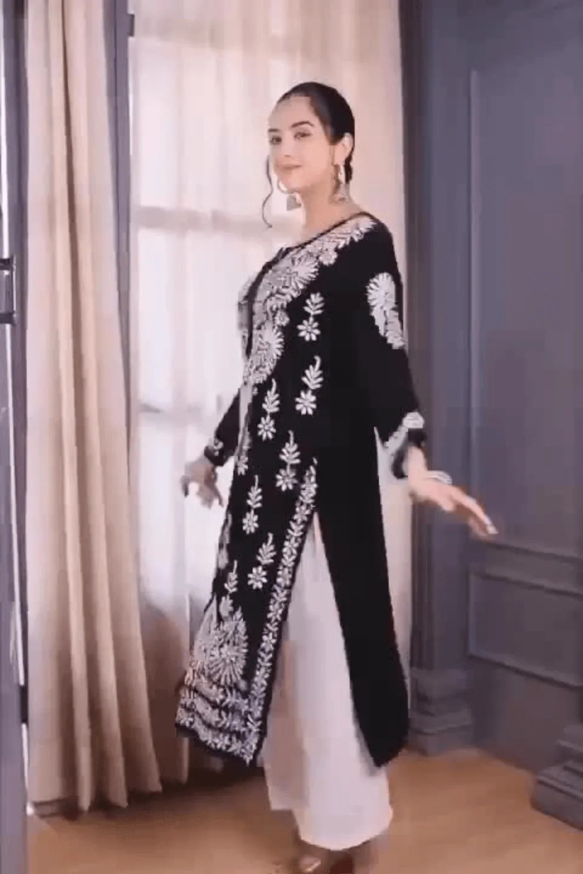 Black Premium Chikankari Work Modal Cotton Long Kurti - Awadhkari