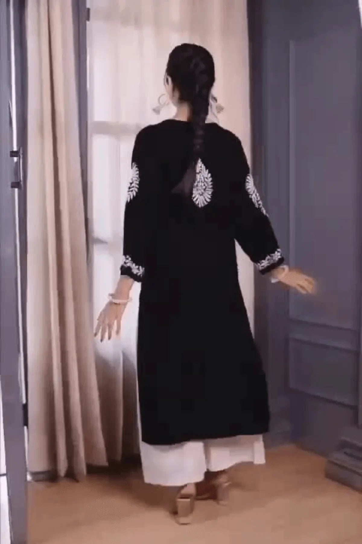 Black Premium Chikankari Work Modal Cotton Long Kurti - Awadhkari