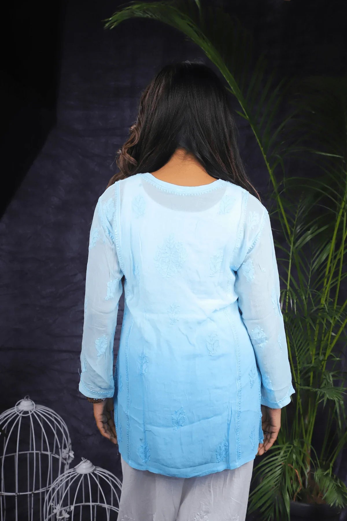 Blue Ambre Mal Cotton Chikankari Handwork Short Kurti - Awadhkari