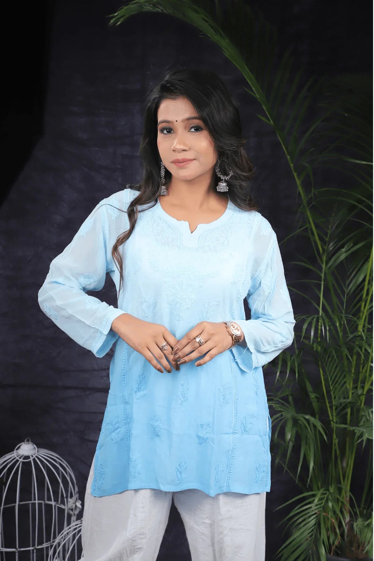 Blue Ambre Mal Cotton Chikankari Handwork Short Kurti - Awadhkari