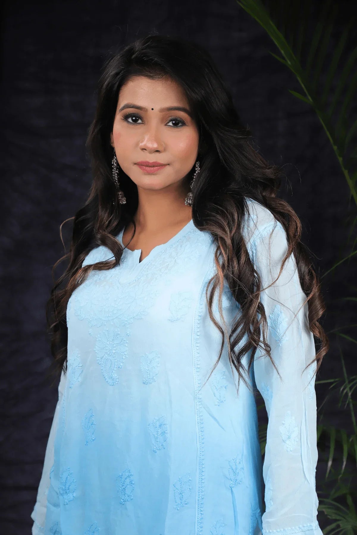 Blue Ambre Mal Cotton Chikankari Handwork Short Kurti - Awadhkari