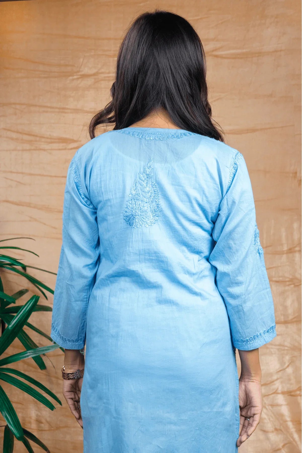 Blue Chanderi Cotton Fine Handwork Chikankari Long Kurti - Awadhkari