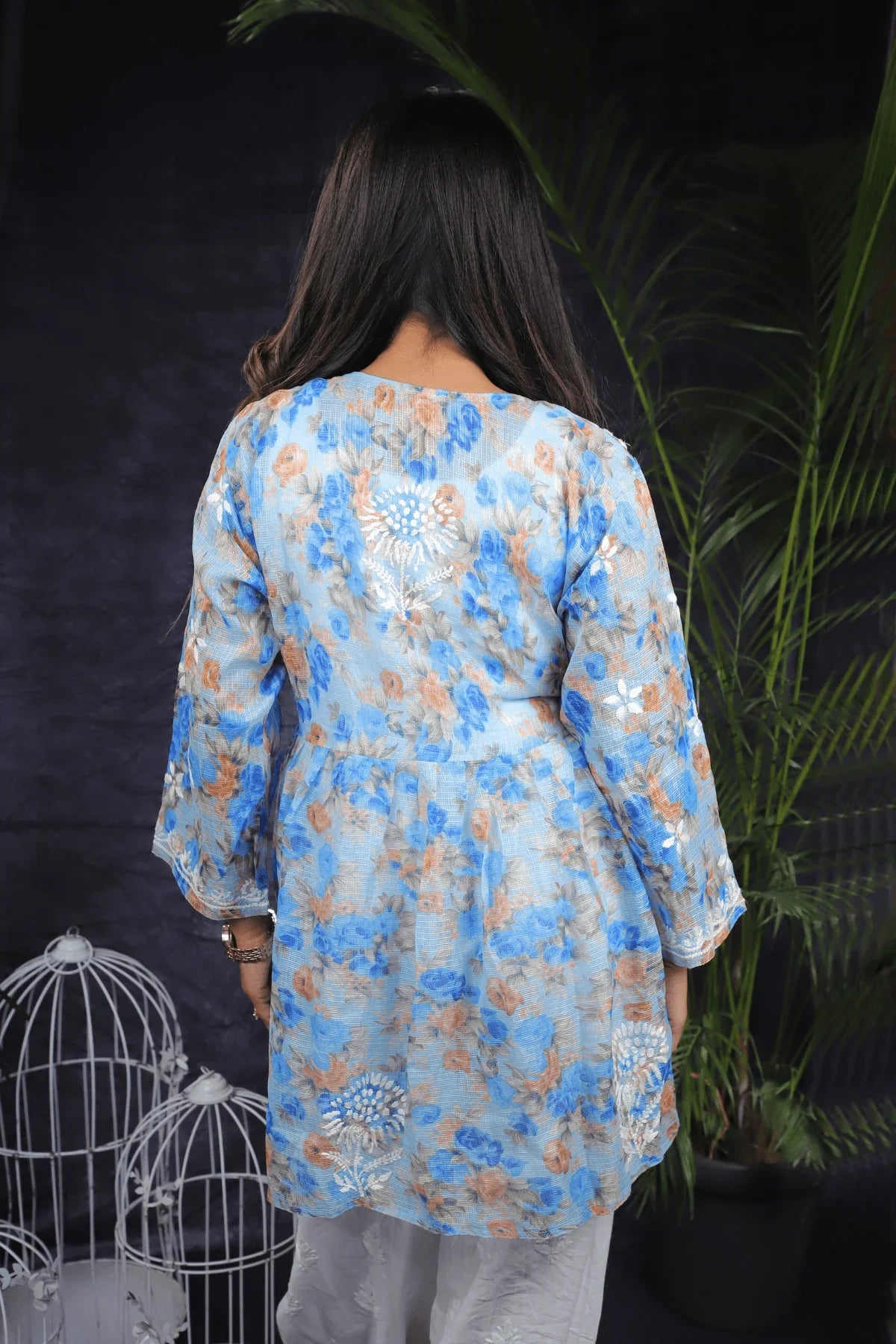Blue Floral Kota Cotton Chikankari Frock Style Short Kurti - Awadhkari