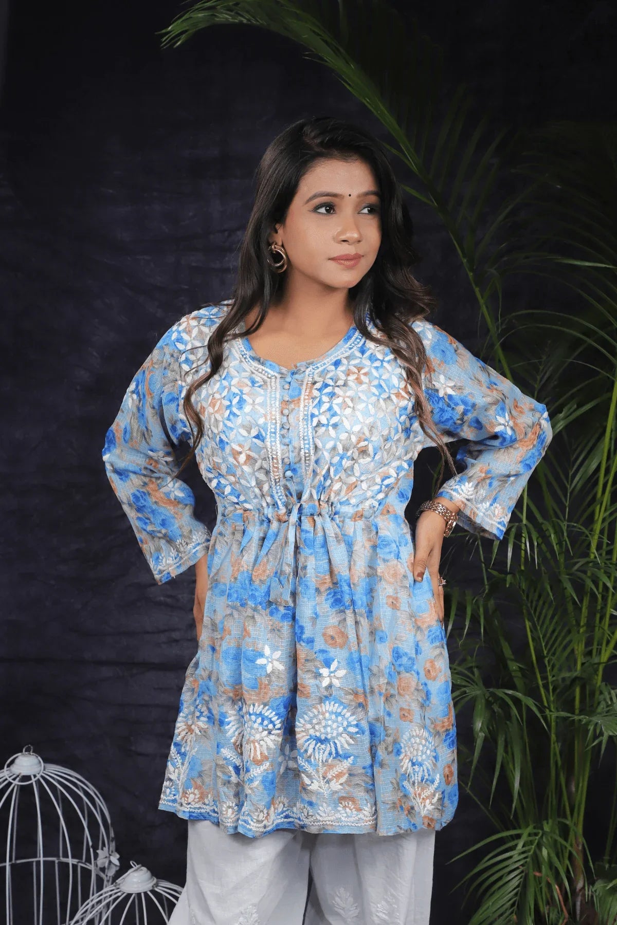 Blue Floral Kota Cotton Chikankari Frock Style Short Kurti - Awadhkari
