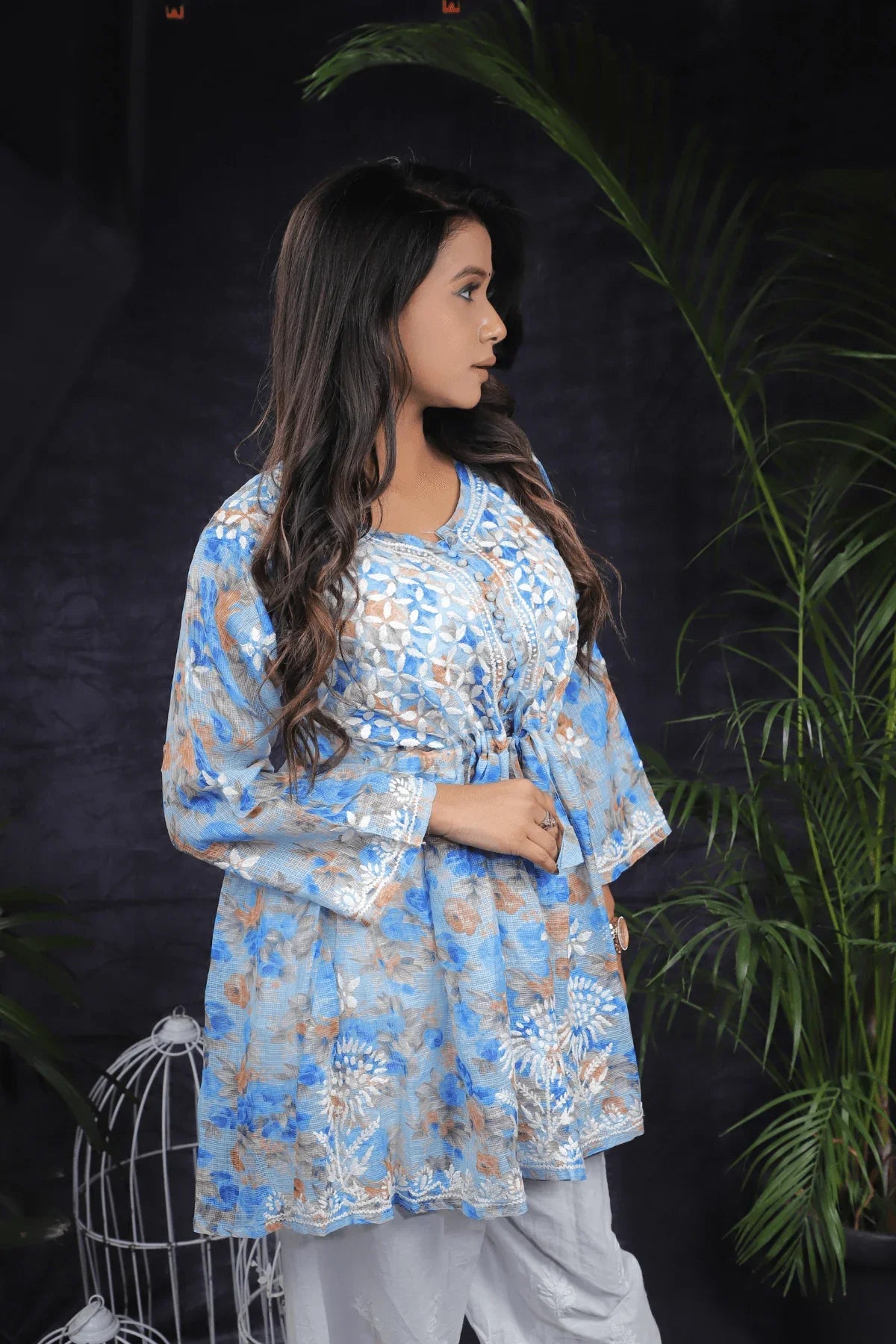 Blue Floral Kota Cotton Chikankari Frock Style Short Kurti - Awadhkari