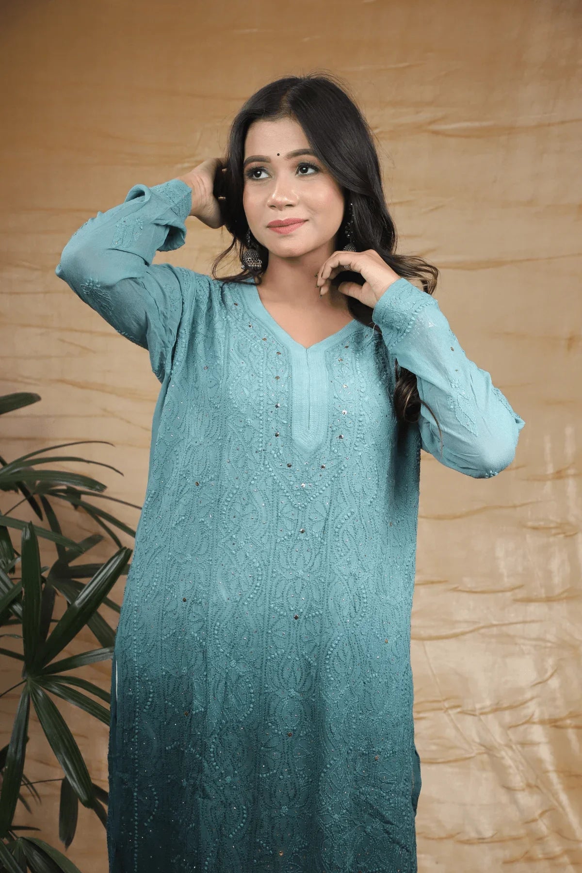 Bottle Green Ambre Viscose Full Jaal Fine Chikankari Work with Mukesh Long Kurti - Awadhkari