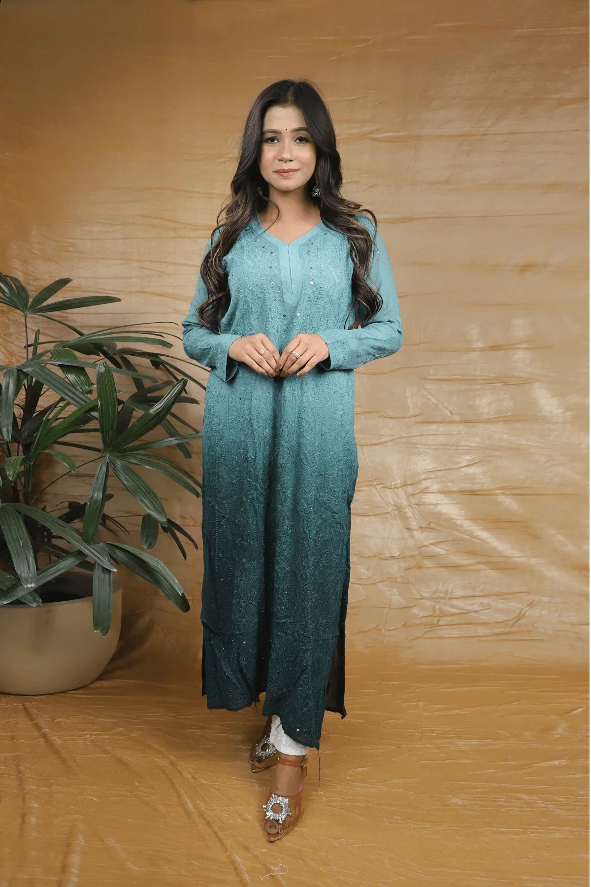 Bottle Green Ambre Viscose Full Jaal Fine Chikankari Work with Mukesh Long Kurti - Awadhkari